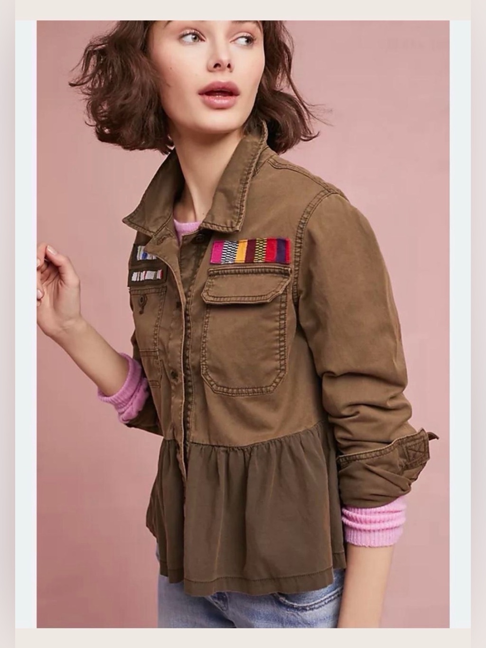 Anthropologie Peplum Military Utility Olive Green Jacket Size L